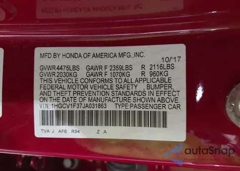 2018 Honda Accord Sport из США, поврежденный, VIN 1HGCV1F37JA031863